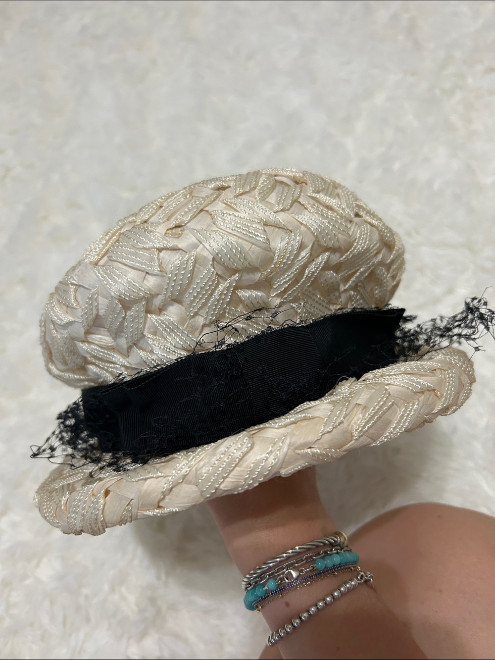 Elegant Cream Braided Straw Hat with Black Ribbon